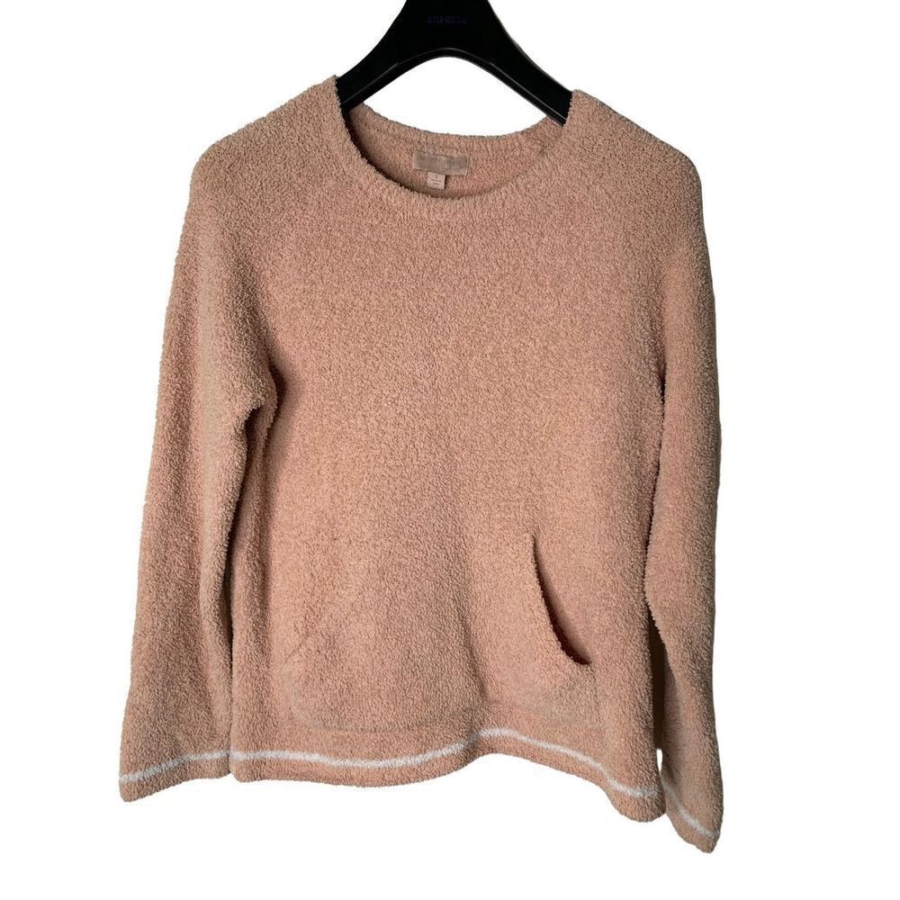 Barefoot Dreams Plush Crewneck Sweater in Dusty Pink with White Trim